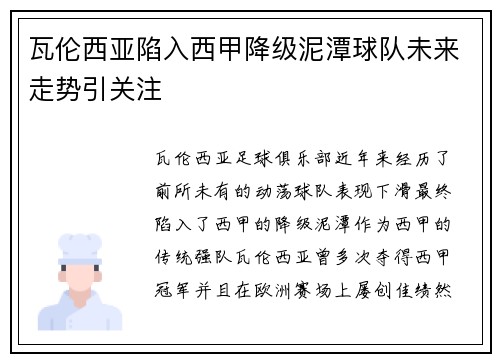 瓦伦西亚陷入西甲降级泥潭球队未来走势引关注 瓦伦西亚陷入西甲降级泥潭球队未来走势引关注